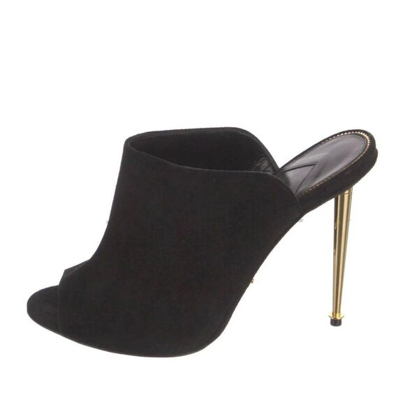 Tom Ford Shoes - Tom Ford Black Suede Peep-Toe Mules With Gold Stiletto Heel Size 35